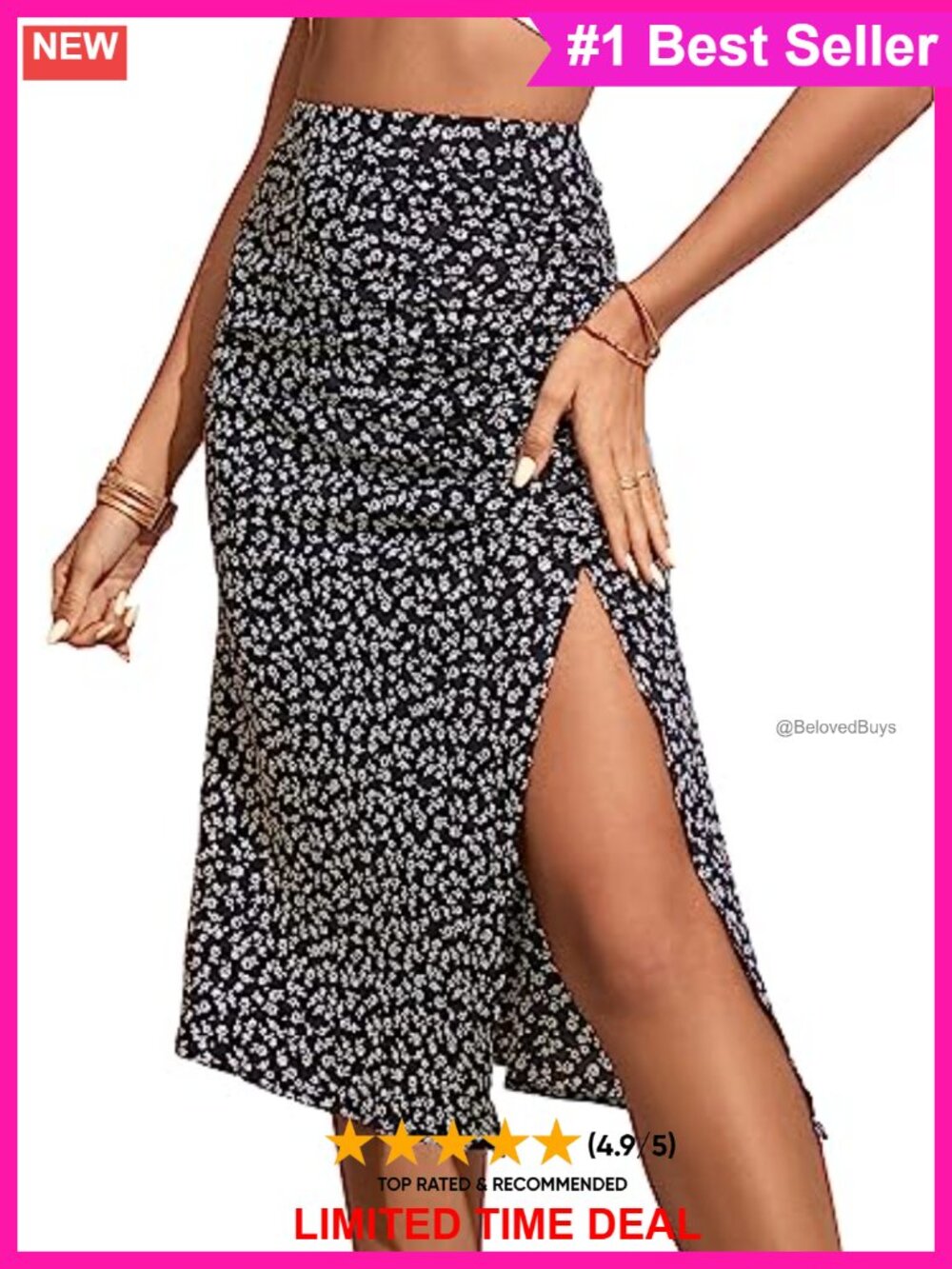 Boho Floral Print High Waisted A-Line Split Midi Skirt